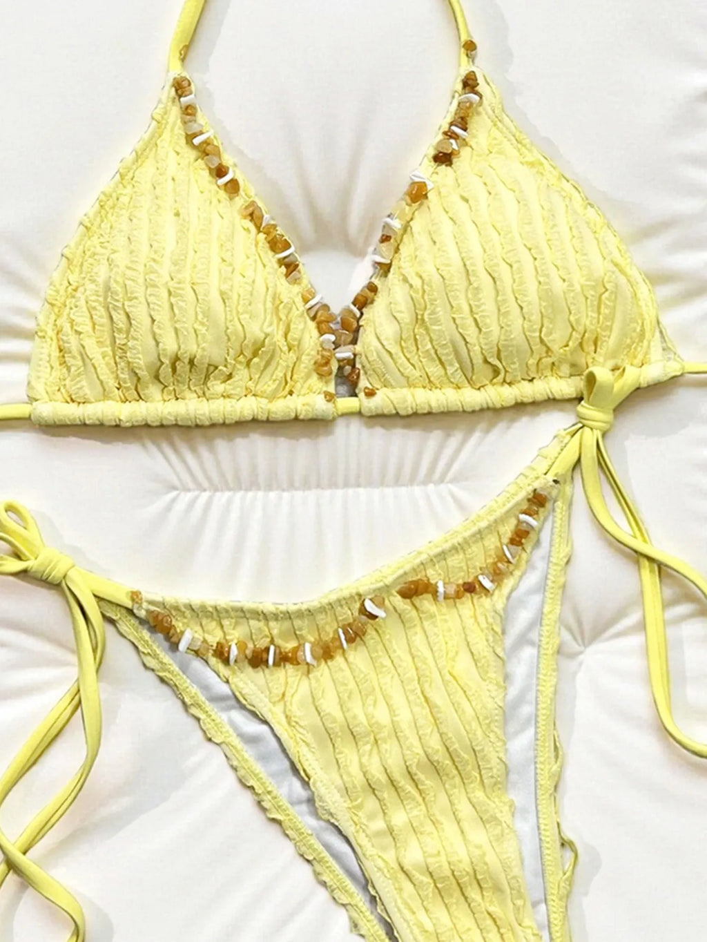 Sexy Braiding Rope V Neck Bikini Set Women Yellow Ribbed Push Up Tie Side Thong Swimsuit 2026 Beach Bathing Suit Micro Swimwear