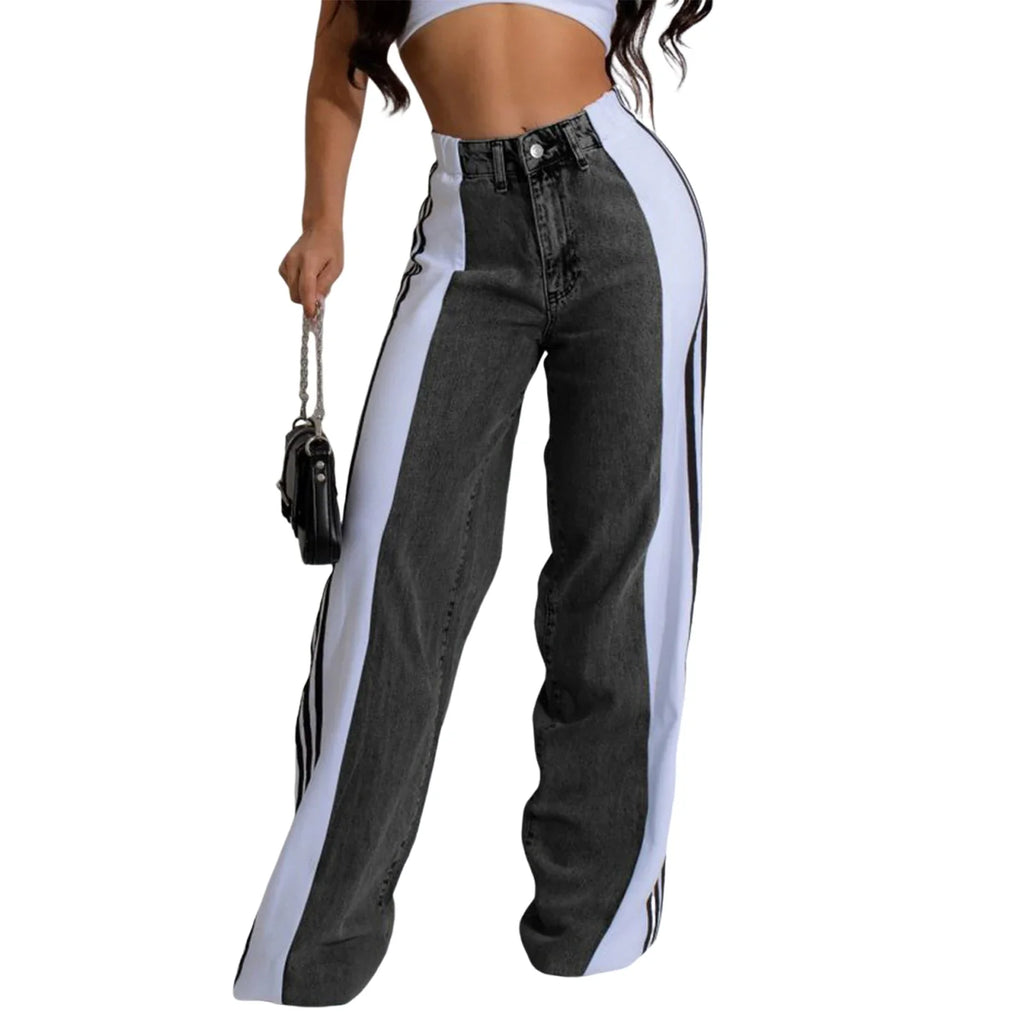 Women's Spring Summer Baggy Jeans Pants High Waist Loose Wide Leg Side Striped Denim Pants Streetwear