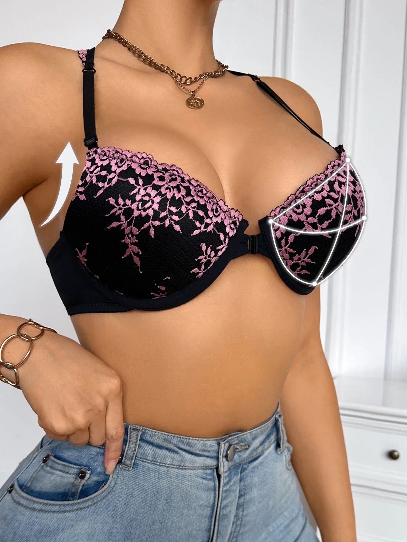B C Cup Women's Sexy Bras Luxurious Lace Floral Front Clasp Push-Up Bra Beautiful Back Bras Women