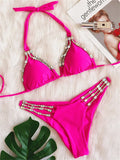Sexy Rhinestone Bikini Set 2025 Shinny Hot Pink Push Up Thong Swimsuit Brazilian Diamond Metal Chain Beach Bathing Suit Swimwear