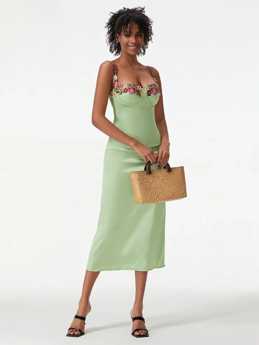 Satin Sling Bodycon Long Dress Women Flower Embroidery Sleeveless Spaghetti Strap Cocktail Dress Summer Party Club Skinny Dress