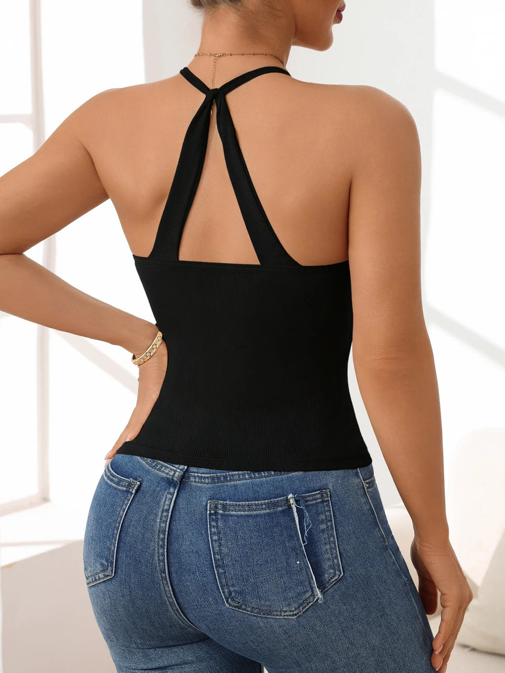 Summer Outdoor Women's Halter Neck Camisole Solid Ribbed Adjustable straps Tank Top with Padded Chest