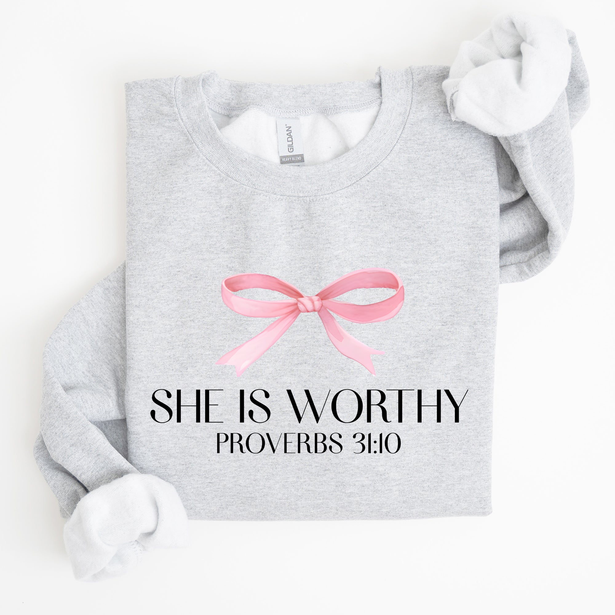 She Is Worthy Bible Verse Christmas Bow Pink Proverbs Soft Girl Era Inspirational Sweatshirt
