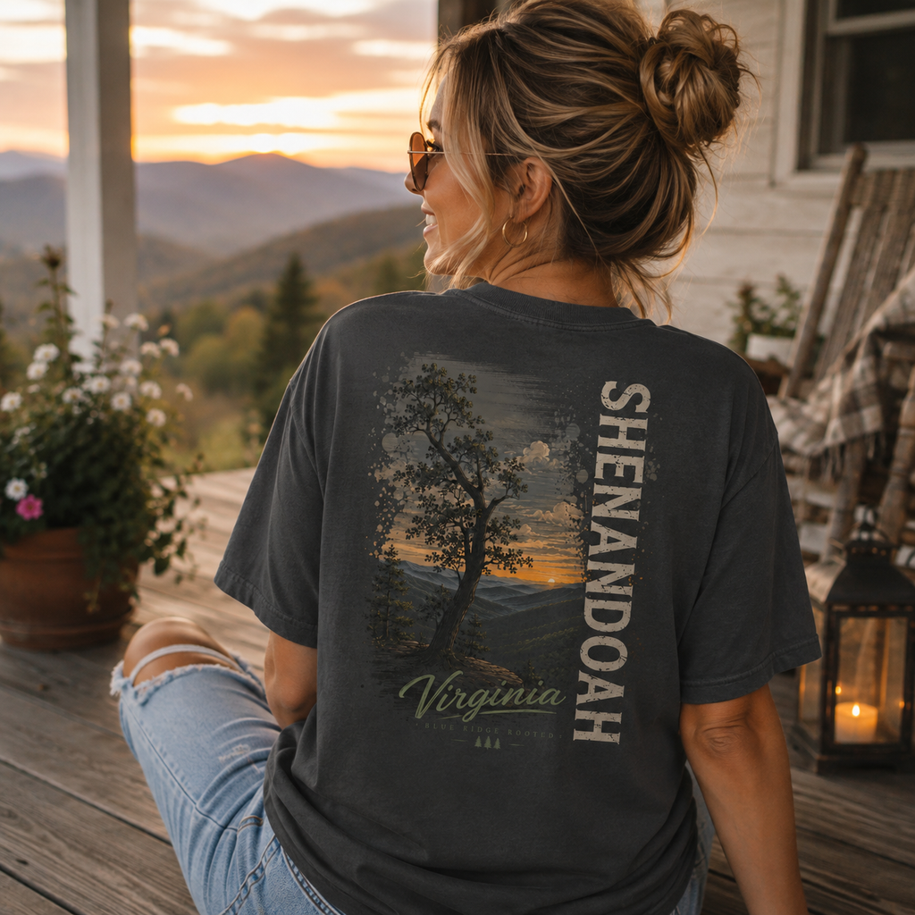 Shenandoah Virginia Sunset Comfort Colors Pepper T-Shirt | Blue Ridge Rooted