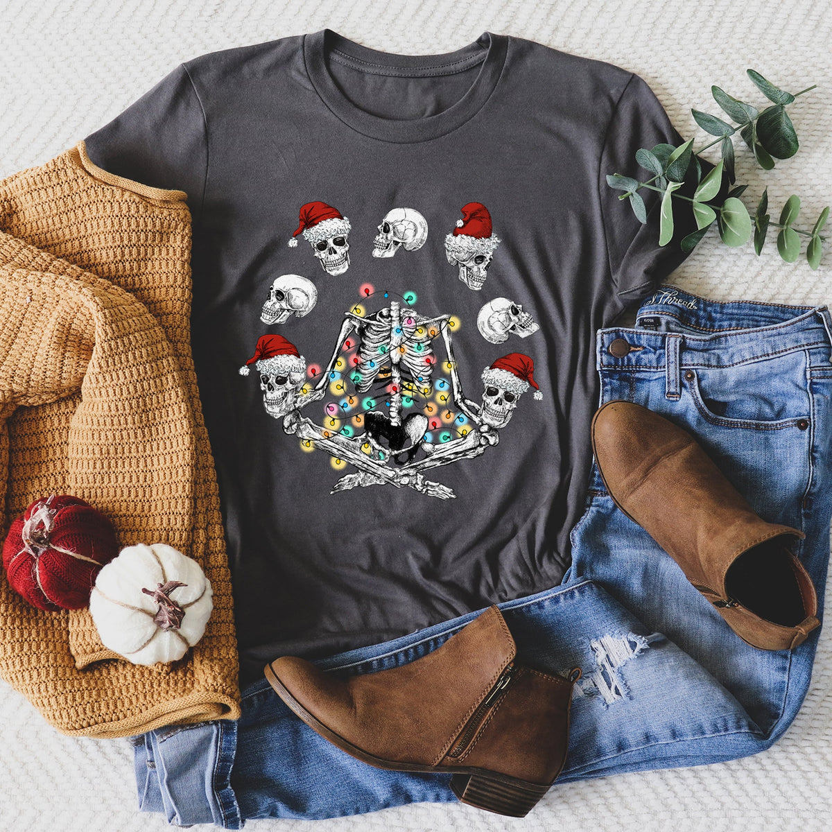 Skeleton Christmas Juggling Santa Yoga Sleigh Ride Parade Mischief Holiday Cheer Graphic Tee