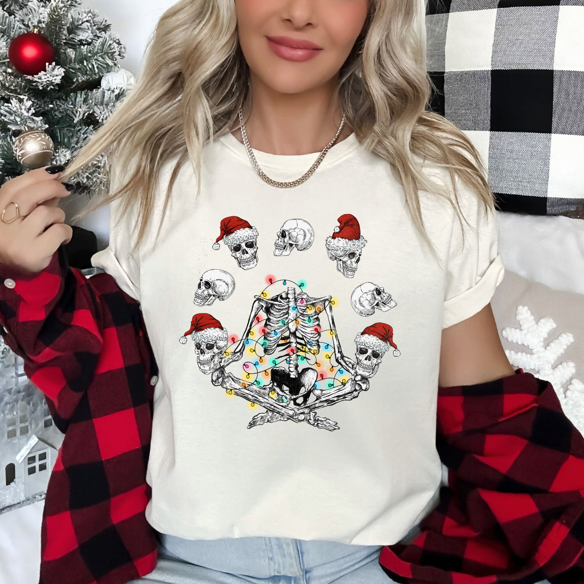 Skeleton Christmas Juggling Santa Yoga Sleigh Ride Parade Mischief Holiday Cheer Graphic Tee