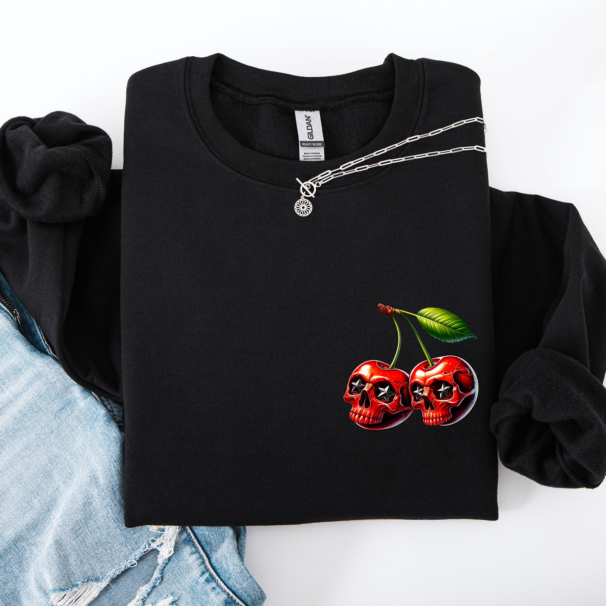 Spooky Skull Cherries Halloween Skeleton Stars Night Sky Ghosts Haunted Festival Scene Sweatshirt