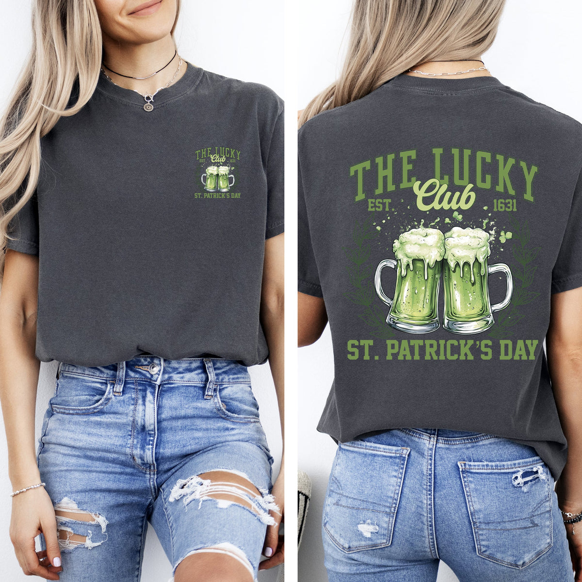 The Lucky Club Drinking Beer St Patrick's Day Shamrock Clover Leprechaun Comfort Colors Tee