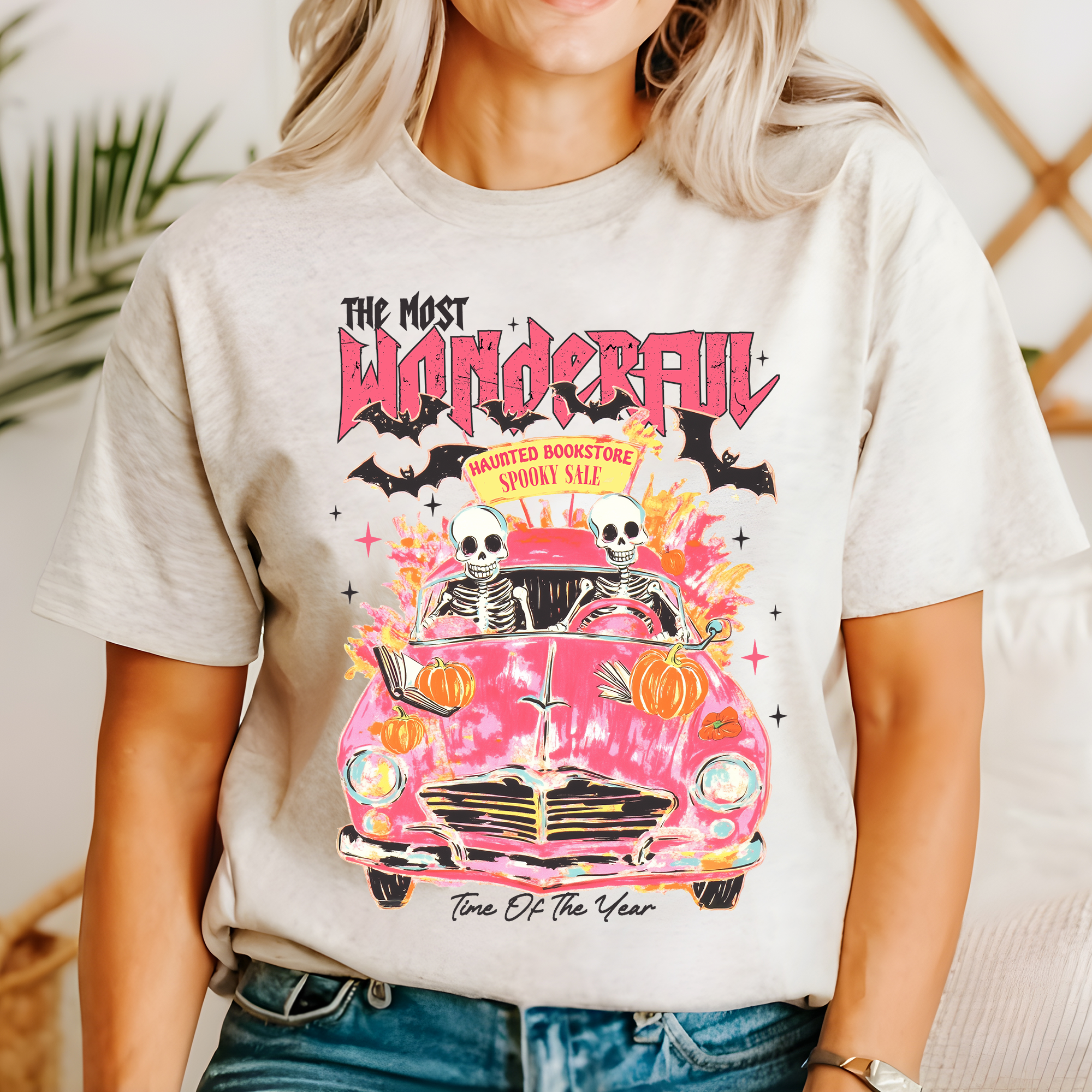 The Most Wonderful Time Of The Year Reading Skeletons Spooky Halloween Graphic Tee
