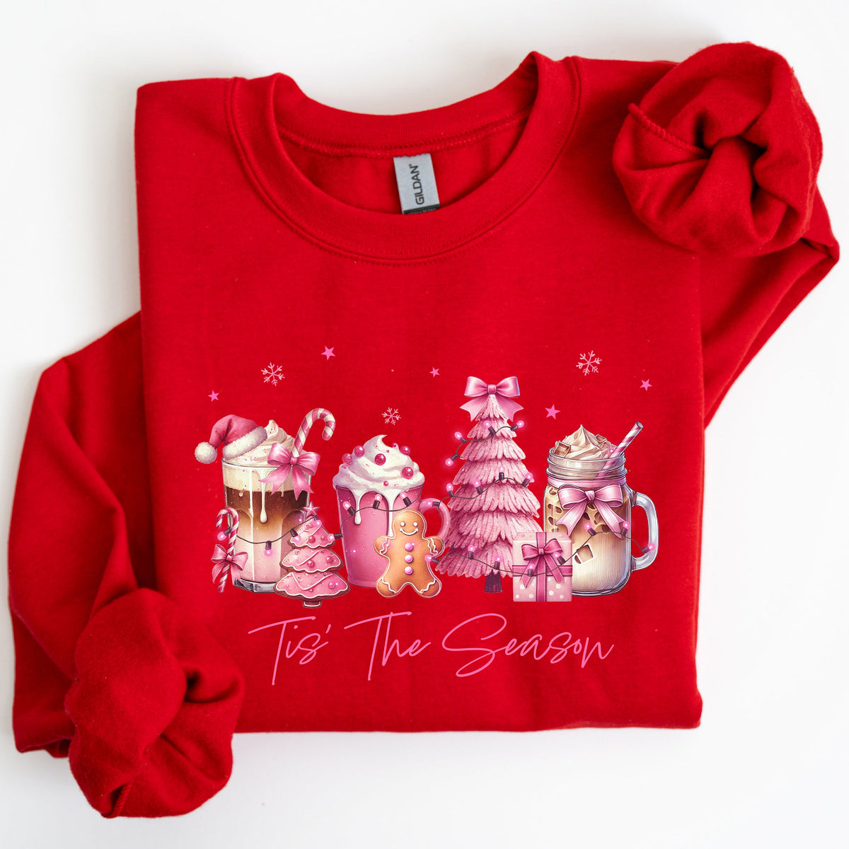 Tis The Season Coffee Drinks Pastel Christmas Pink Snow Cozy Festive Holiday Sweatshirt