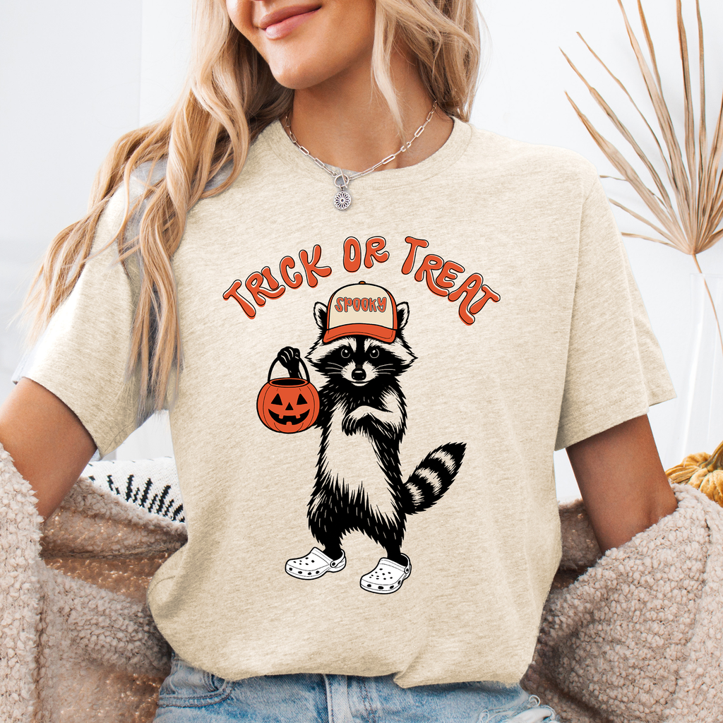 Trick Or Treat Feral Raccoon Halloween Spooky Night Mischief Moonlit Midnight Howl Graphic Tee