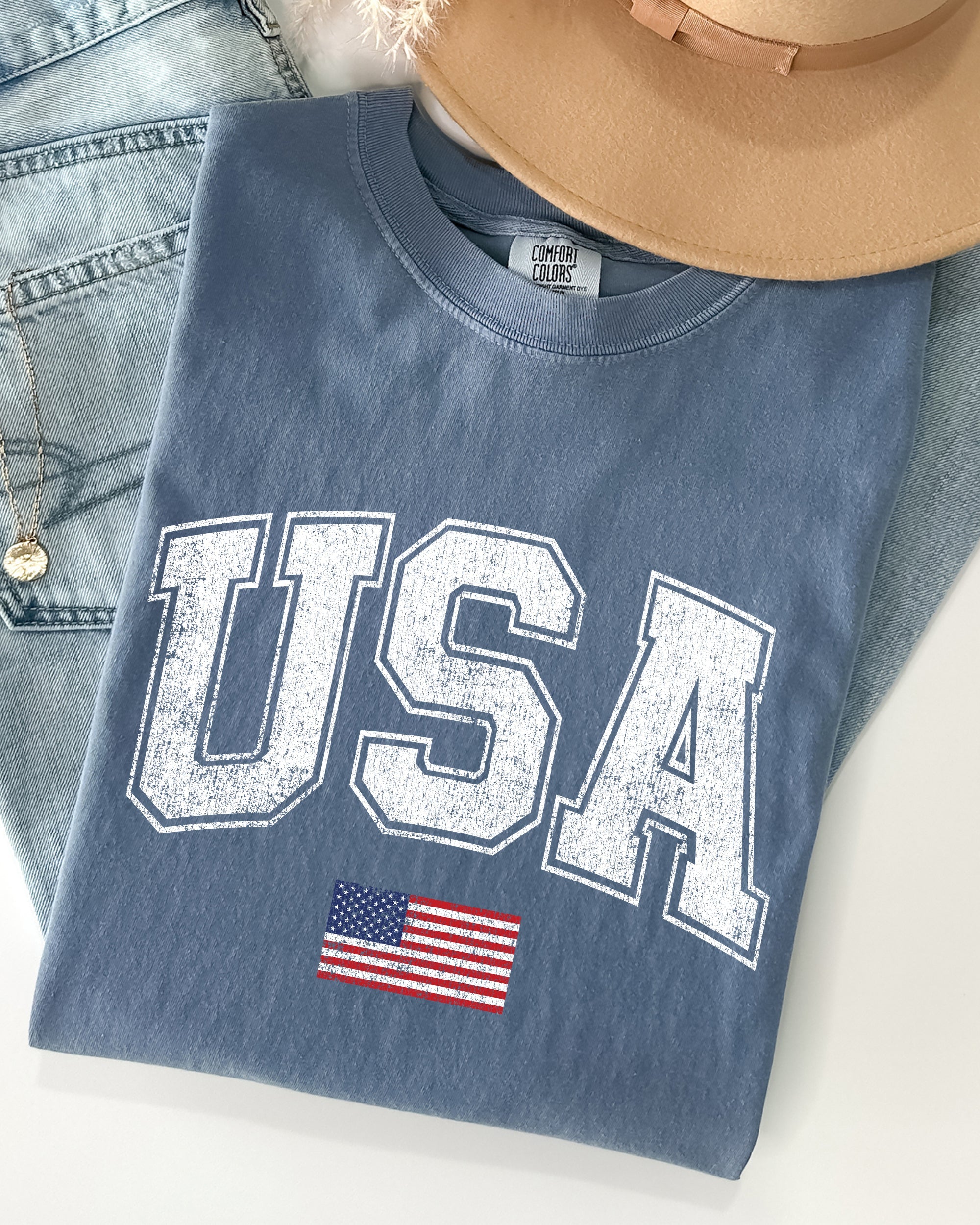 USA Flag Collegiate Varsity Olympics Patriotic Independence Day Fourth Of July America Comfort Colors Tee