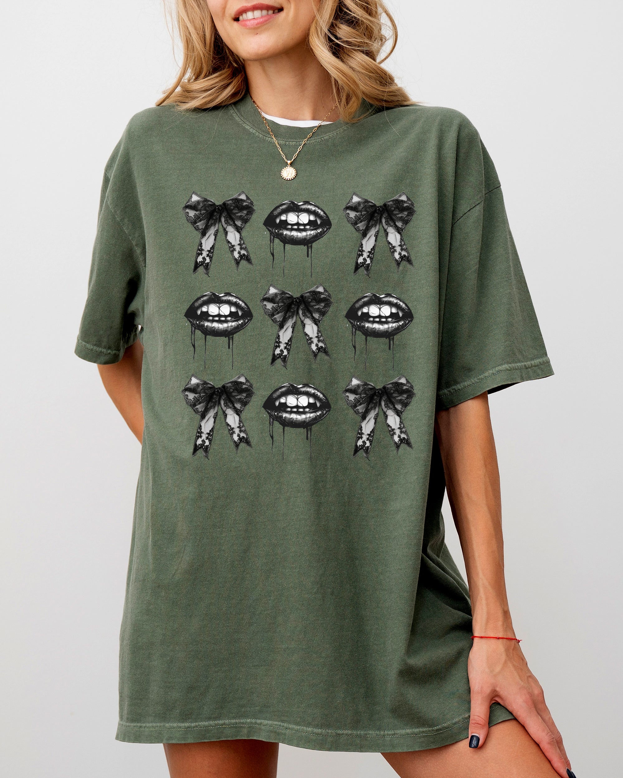 Vampire Black Bows Coquette Ribbons Halloween Lace Gothic Spooky Scary Fangs Comfort Colors Tee