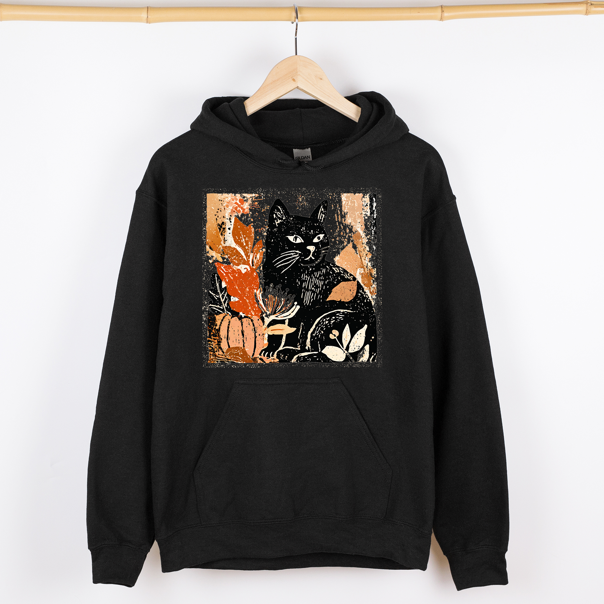 Vintage Black Cat Halloween Pumpkin Motif Retro Style Spooky Feline Night Scene Artwork Graphic Hoodie