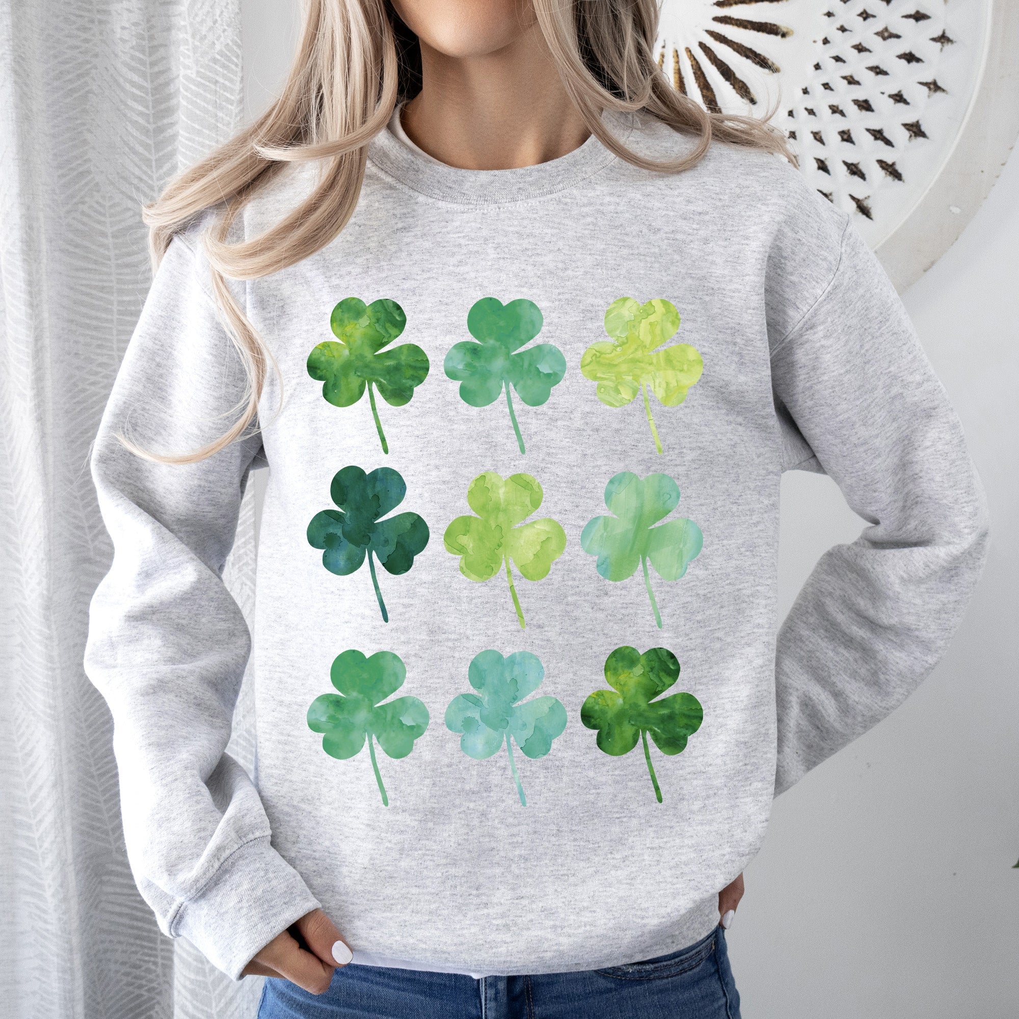 Watercolor Shamrocks In Rows St Patrick's Day Theme Artwork For Festive Gatherings Soft Cotton Blend Sweatshirt