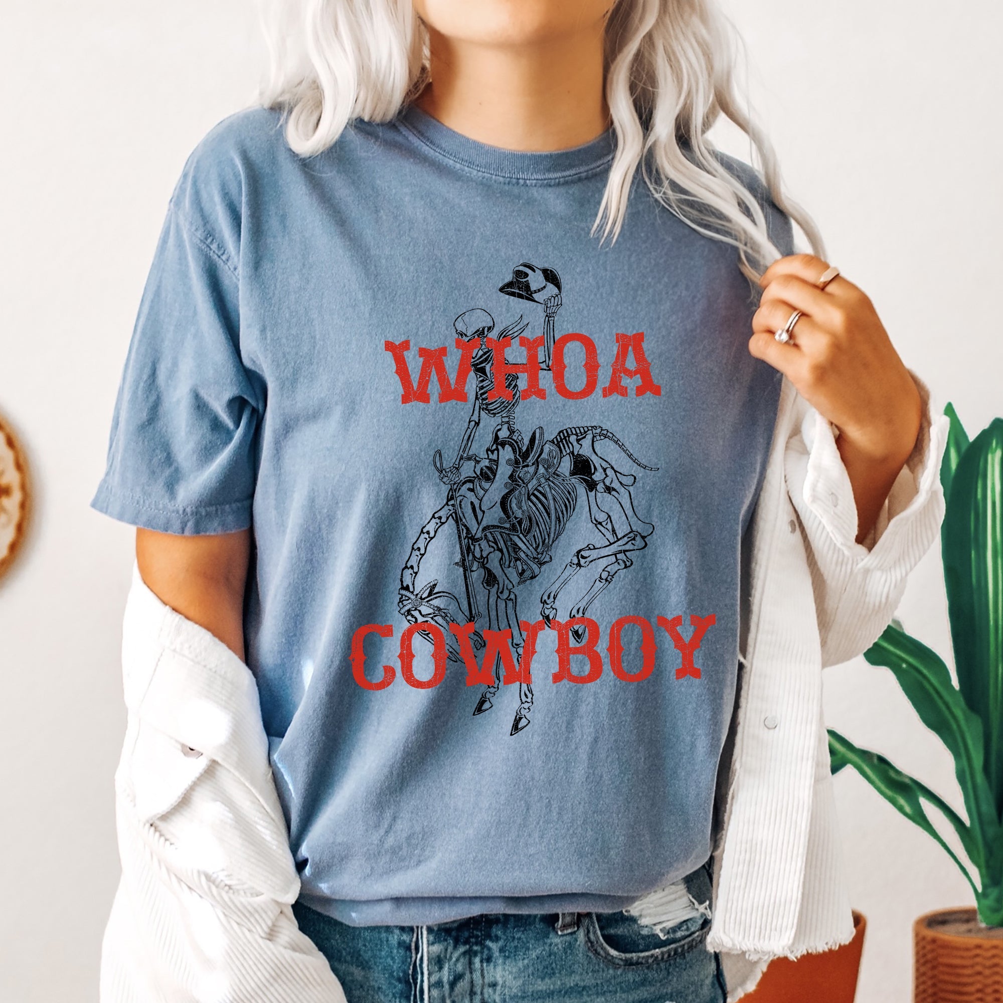 Whoa Cowboy, Horse, BroncoRide, Rodeo, Skeleton Vintage Western Comfort Colors Tee