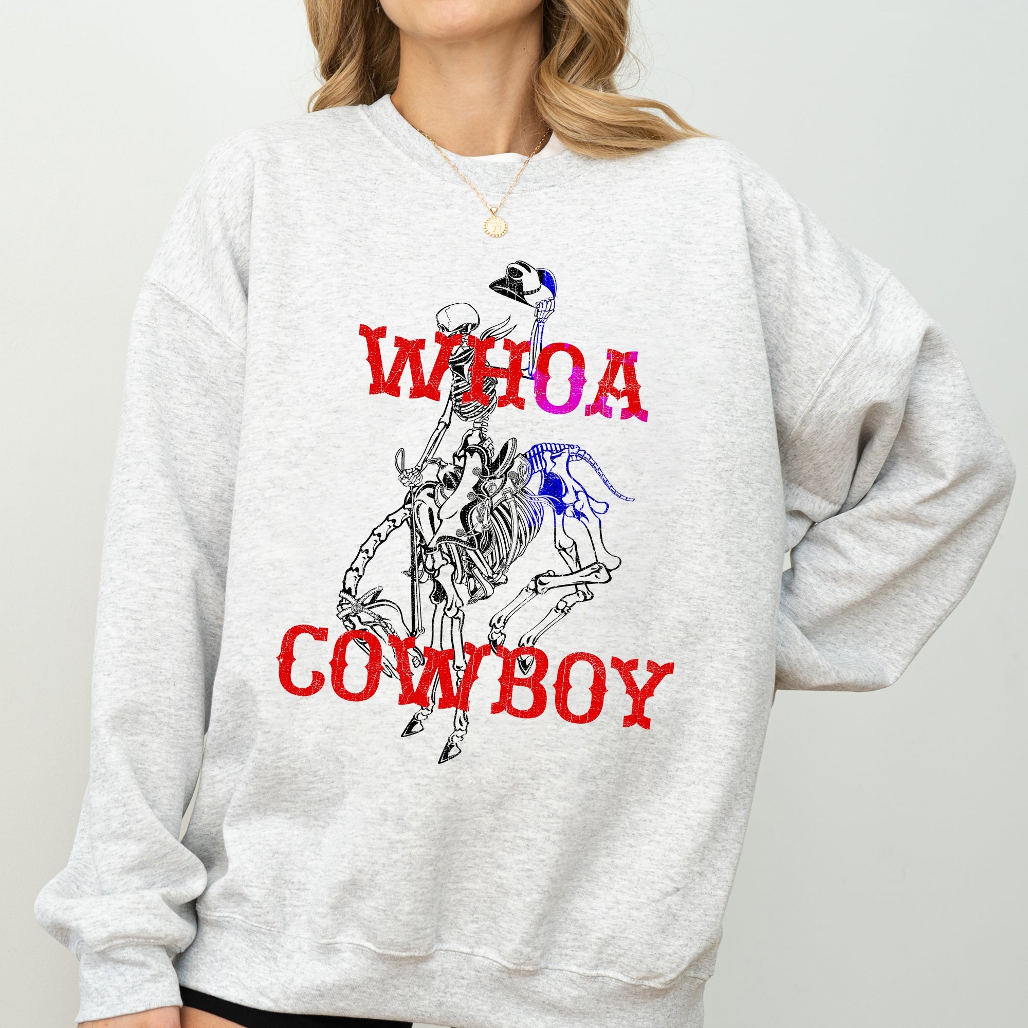Whoa Cowboy Bronco Ride Rodeo Skeleton Illustration Across The Wild West Theme Stories Sweatshirt