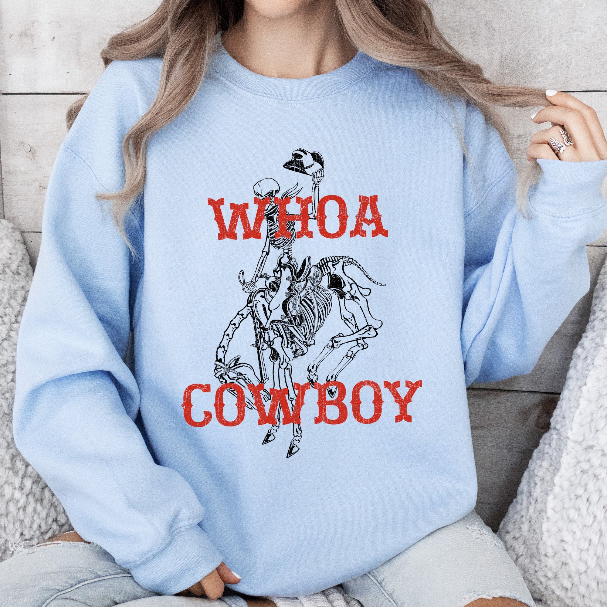 Whoa Cowboy Bronco Ride Rodeo Skeleton Illustration Across The Wild West Theme Stories Sweatshirt
