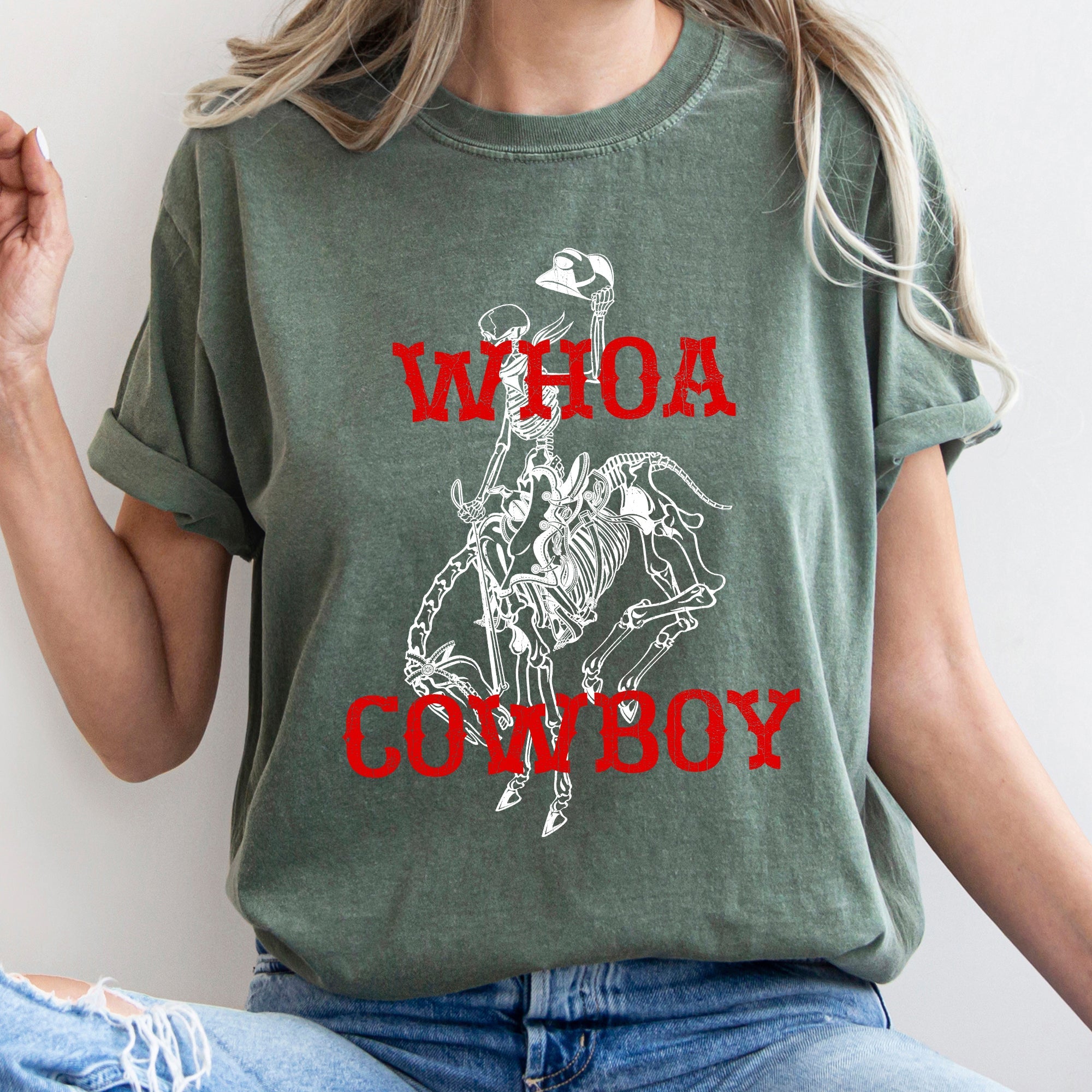 Whoa Cowboy, Horse, BroncoRide, Rodeo, Skeleton Vintage Western Comfort Colors Tee