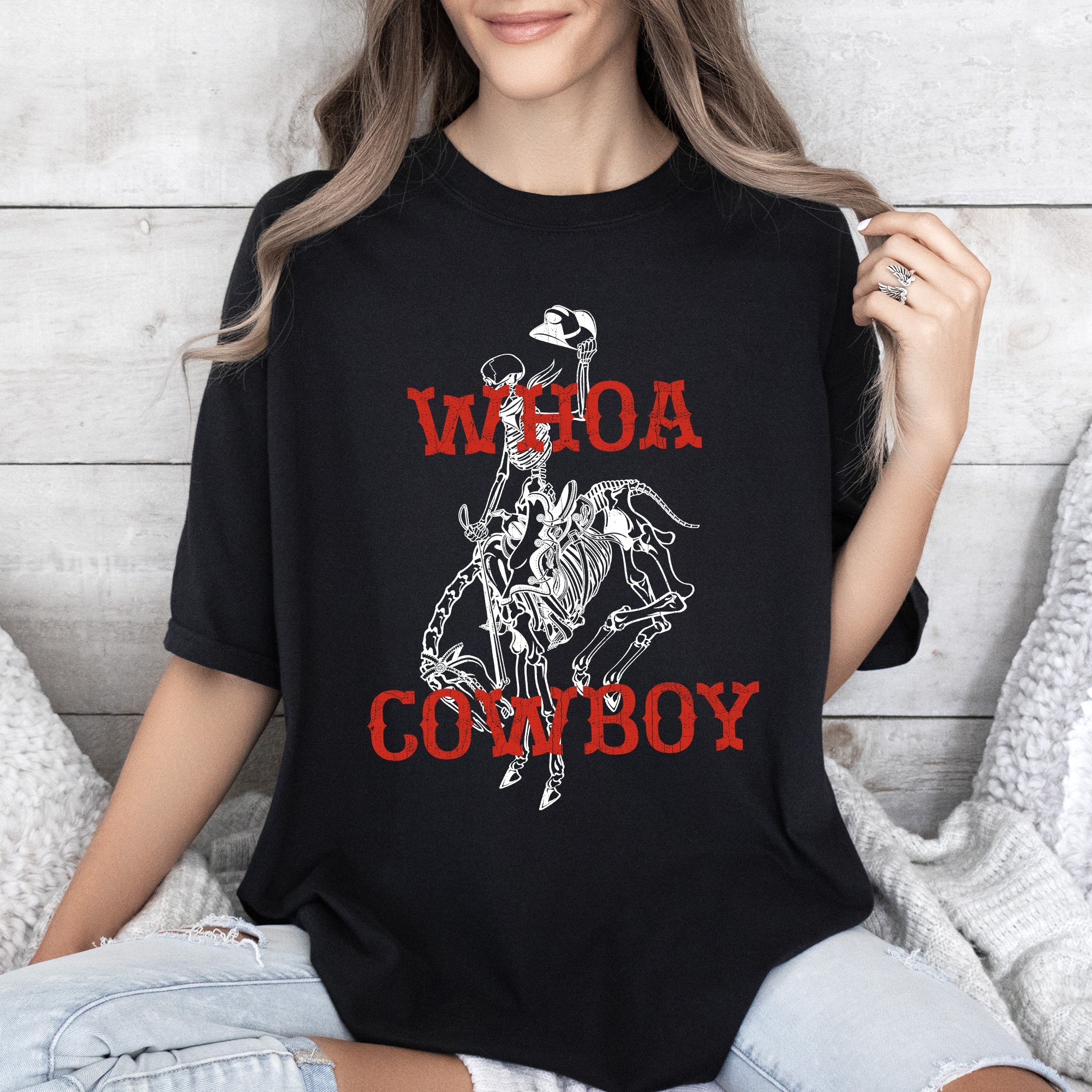 Whoa Cowboy, Horse, BroncoRide, Rodeo, Skeleton Vintage Western Comfort Colors Tee