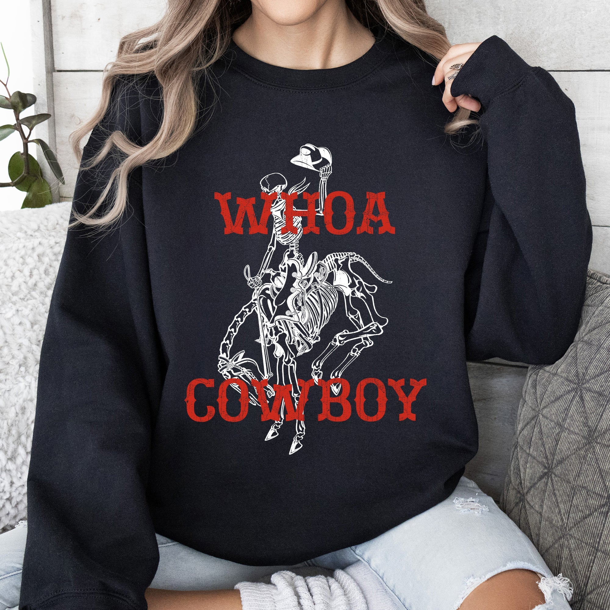 Whoa Cowboy Bronco Ride Rodeo Skeleton Illustration Across The Wild West Theme Stories Sweatshirt