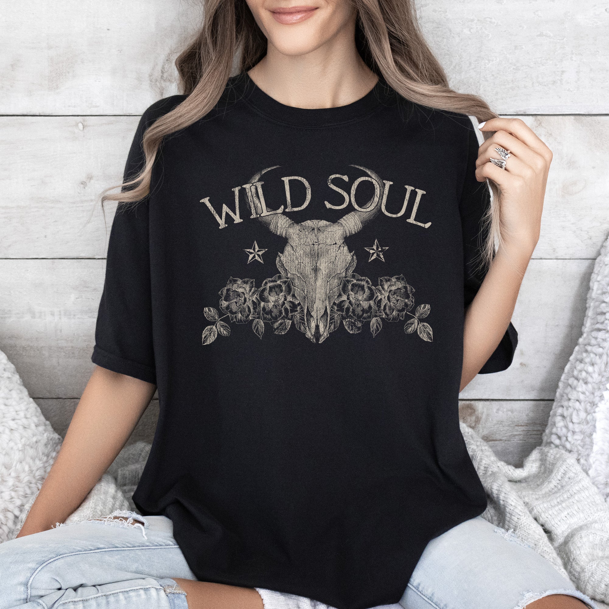 Wild Soul Cowboy Skull Roses Country Cowgirl Western Spirit Vintage Comfort Colors Tee