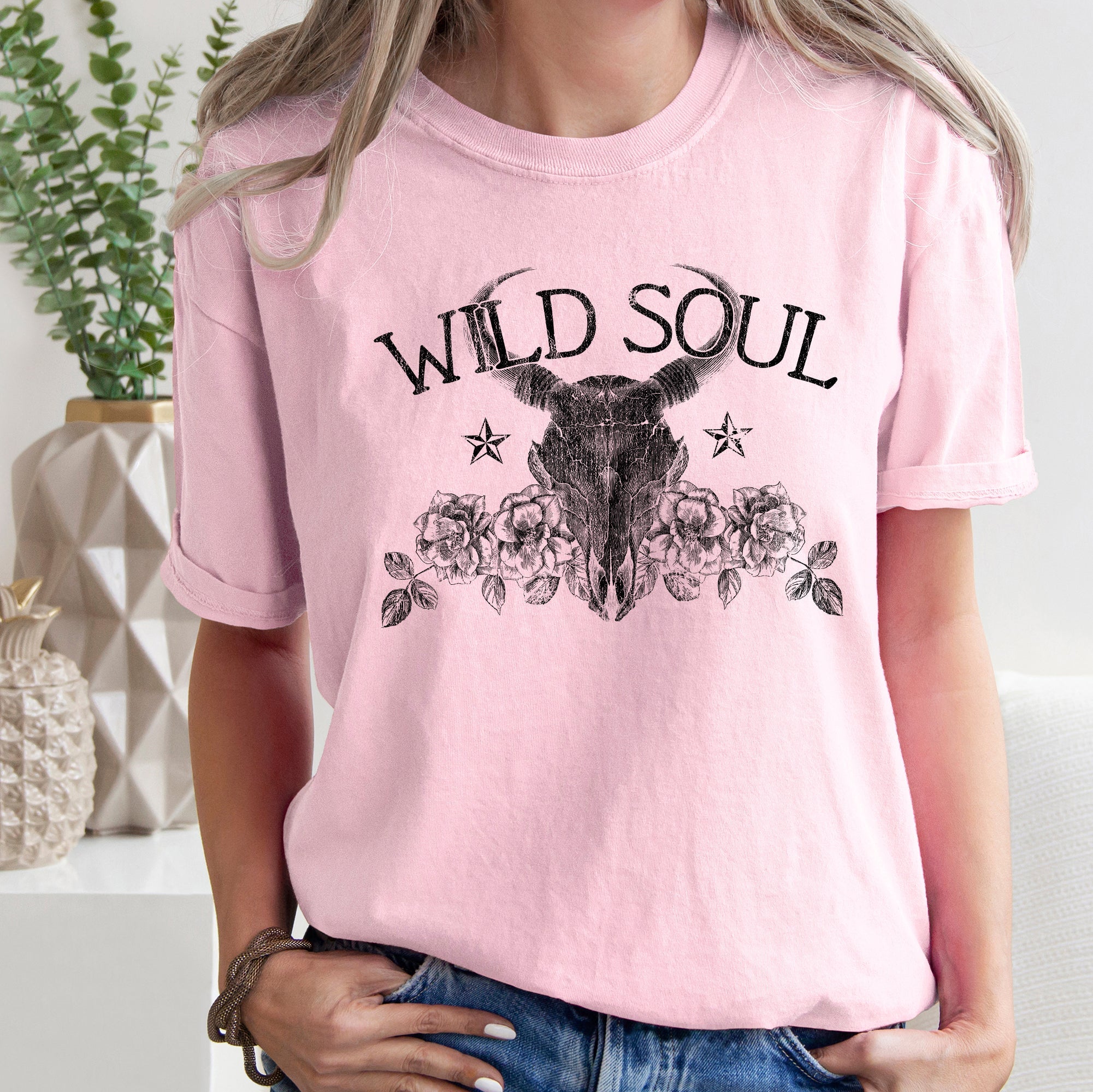 Wild Soul Cowboy Skull Roses Country Cowgirl Western Spirit Vintage Comfort Colors Tee