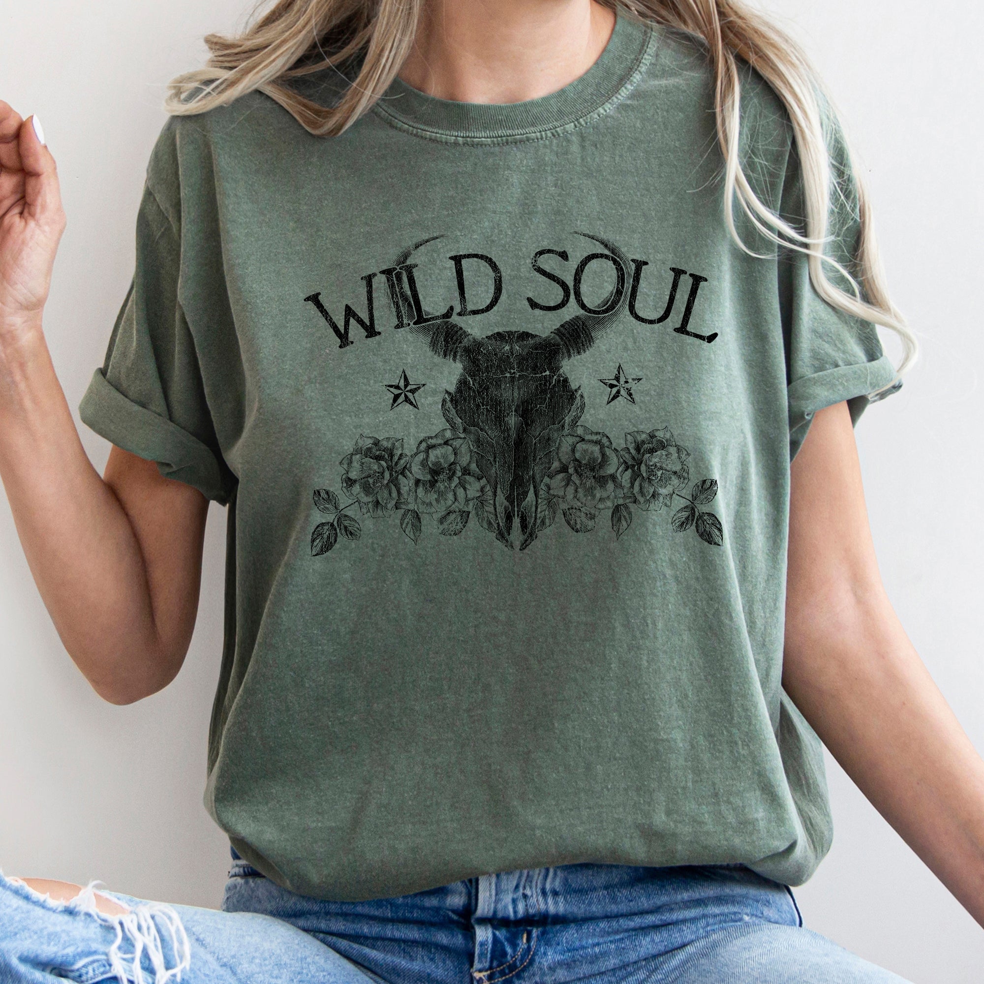 Wild Soul Cowboy Skull Roses Country Cowgirl Western Spirit Vintage Comfort Colors Tee