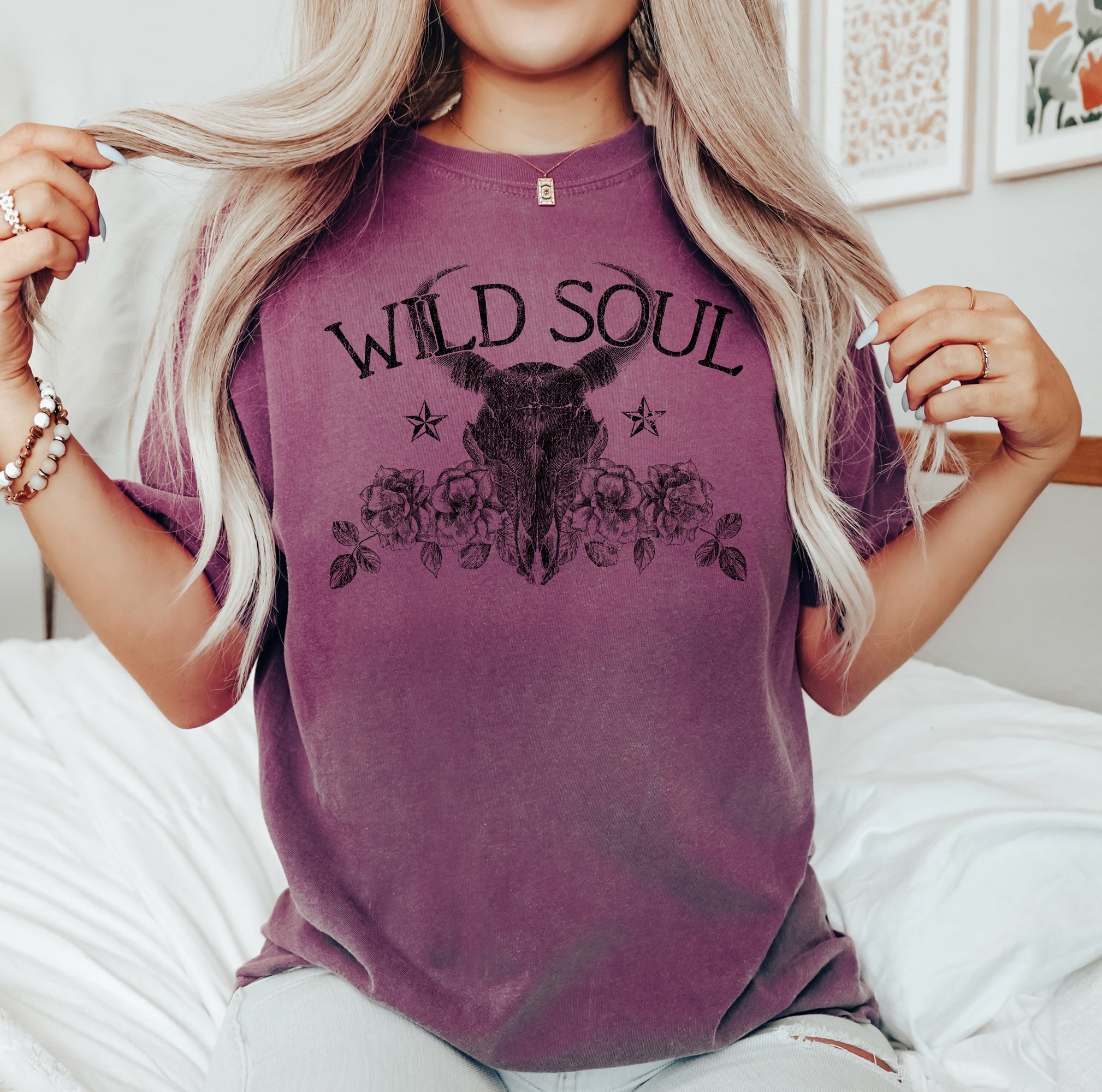 Wild Soul Cowboy Skull Roses Country Cowgirl Western Spirit Vintage Comfort Colors Tee