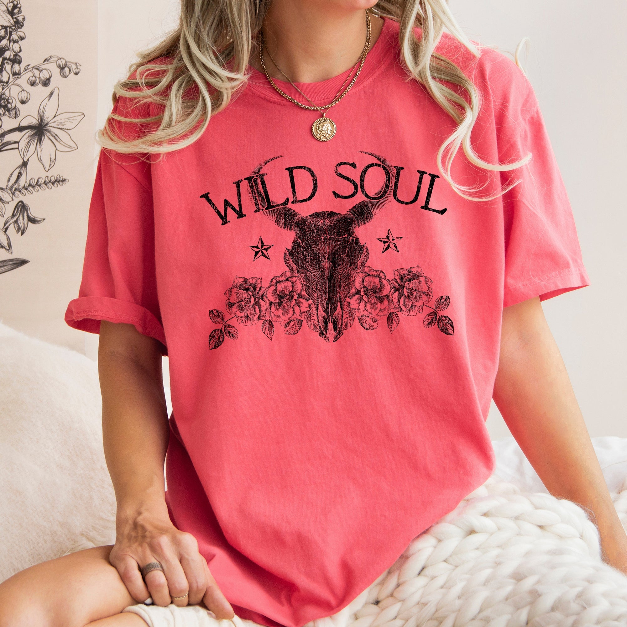 Wild Soul Cowboy Skull Roses Country Cowgirl Western Spirit Vintage Comfort Colors Tee