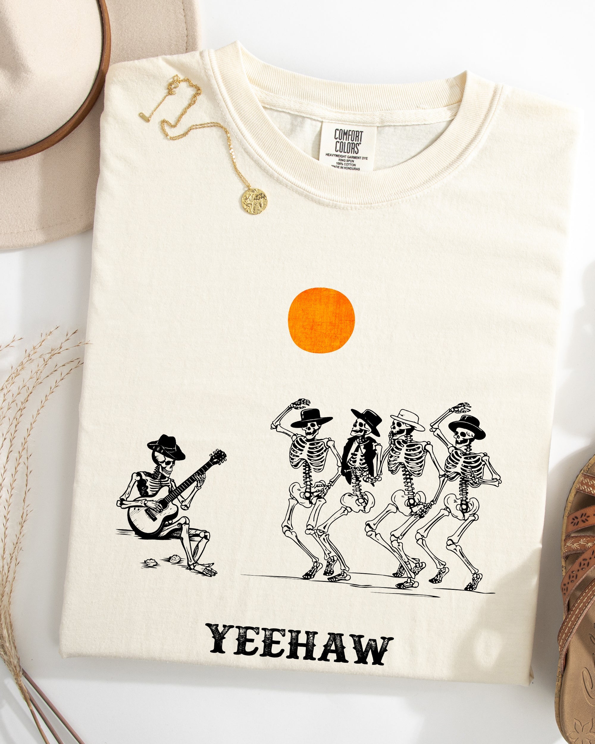 Yeehaw Dancing Skeletons Halloween Cowboys Western Country Heritage Comfort Colors Tee