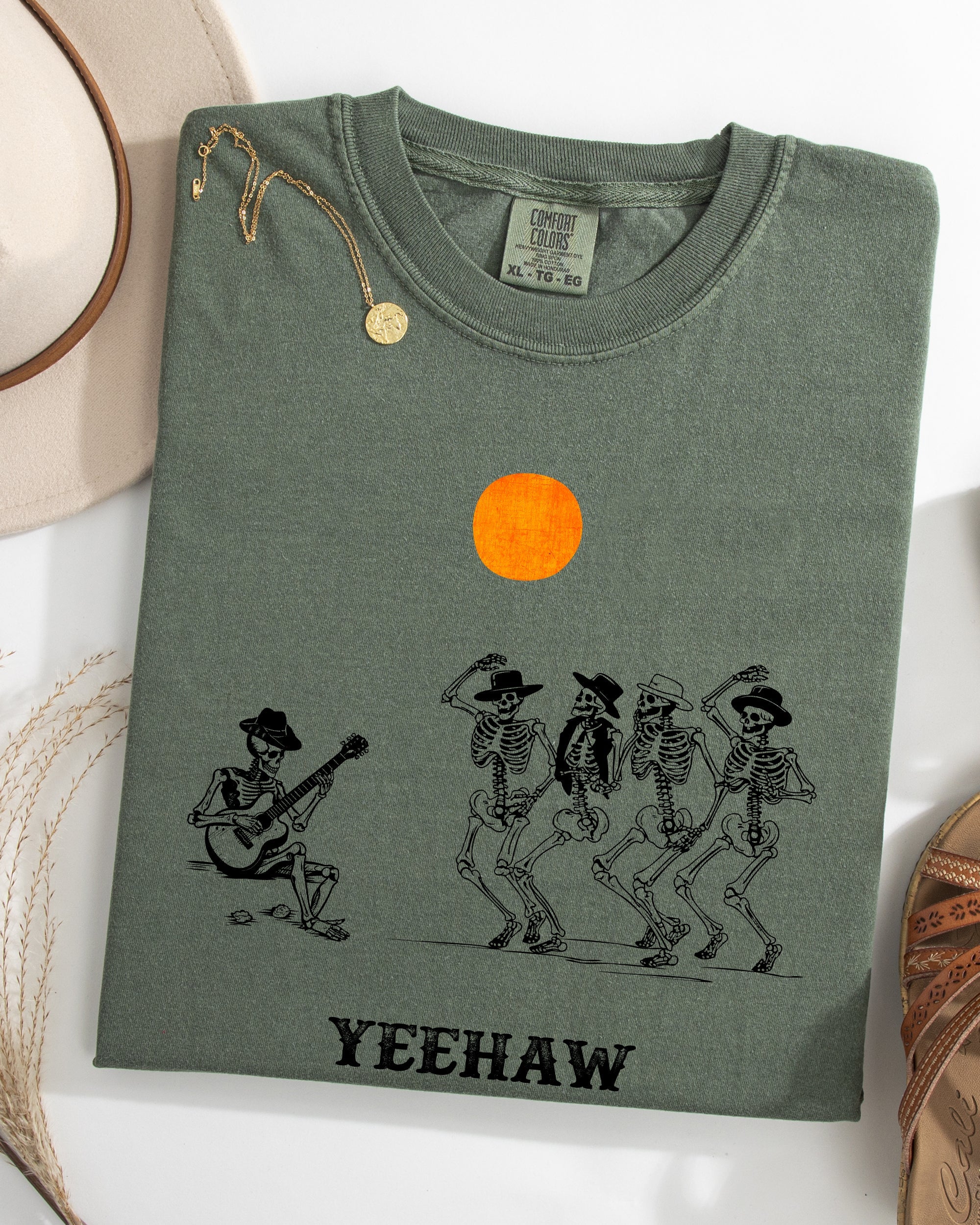 Yeehaw Dancing Skeletons Halloween Cowboys Western Country Heritage Comfort Colors Tee