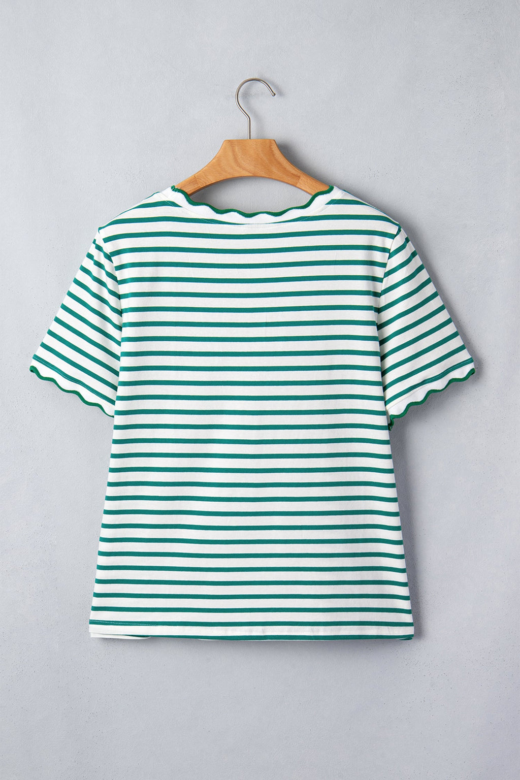 Green Stripe Scalloped Trim Round Neck T Shirt