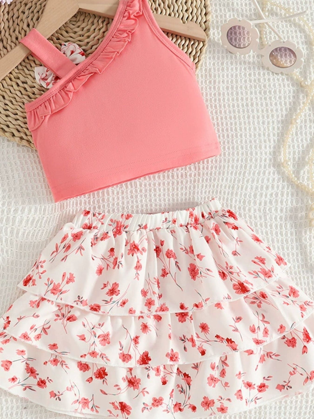 Children's Asymmetrical Neck Top & Floral Layered Skirt Set