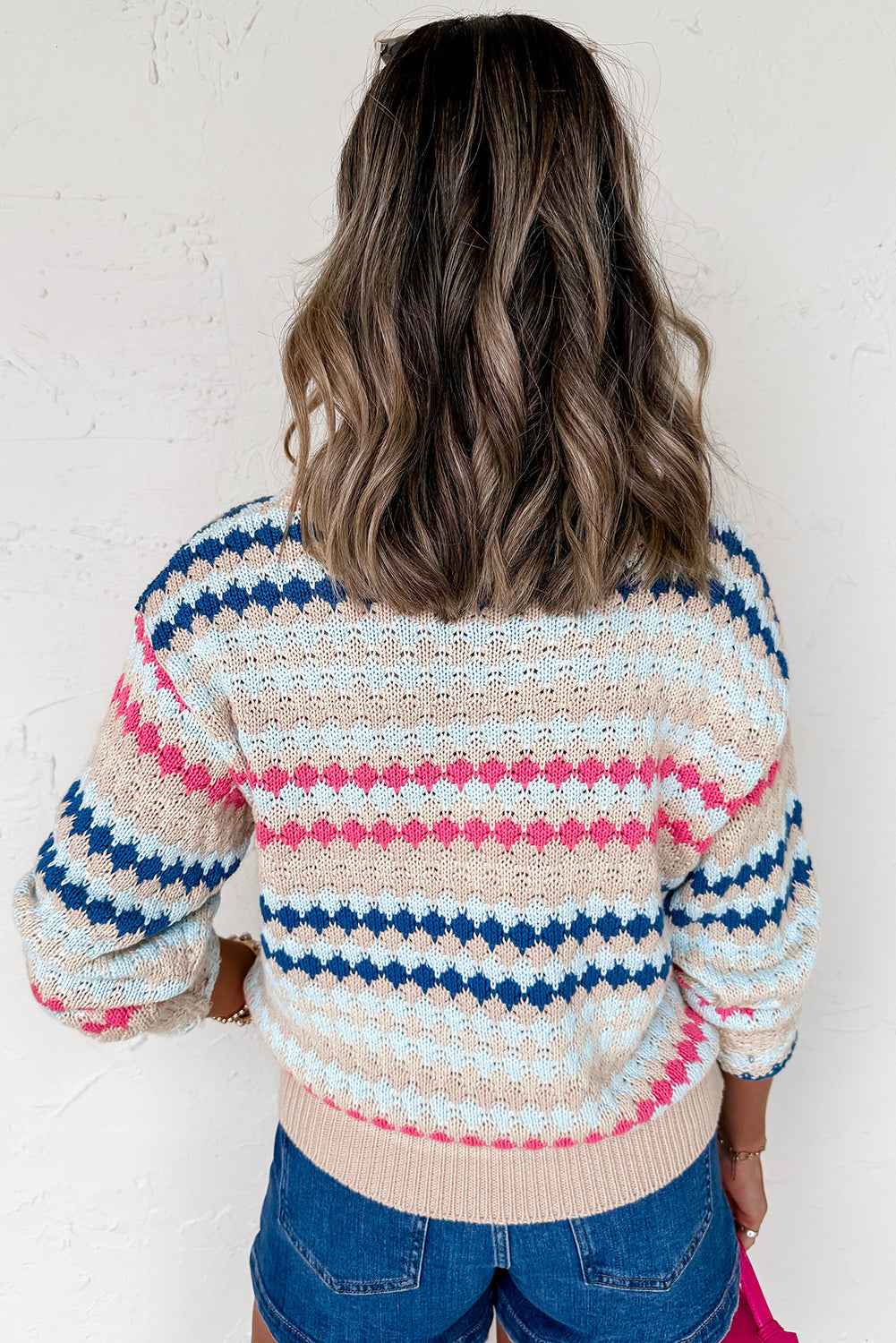 Khaki Stripe Eyelet Patterned Drop Shoulder Sweater