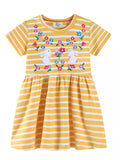 Children's Striped Bunny Embroidered Round Neck Dress