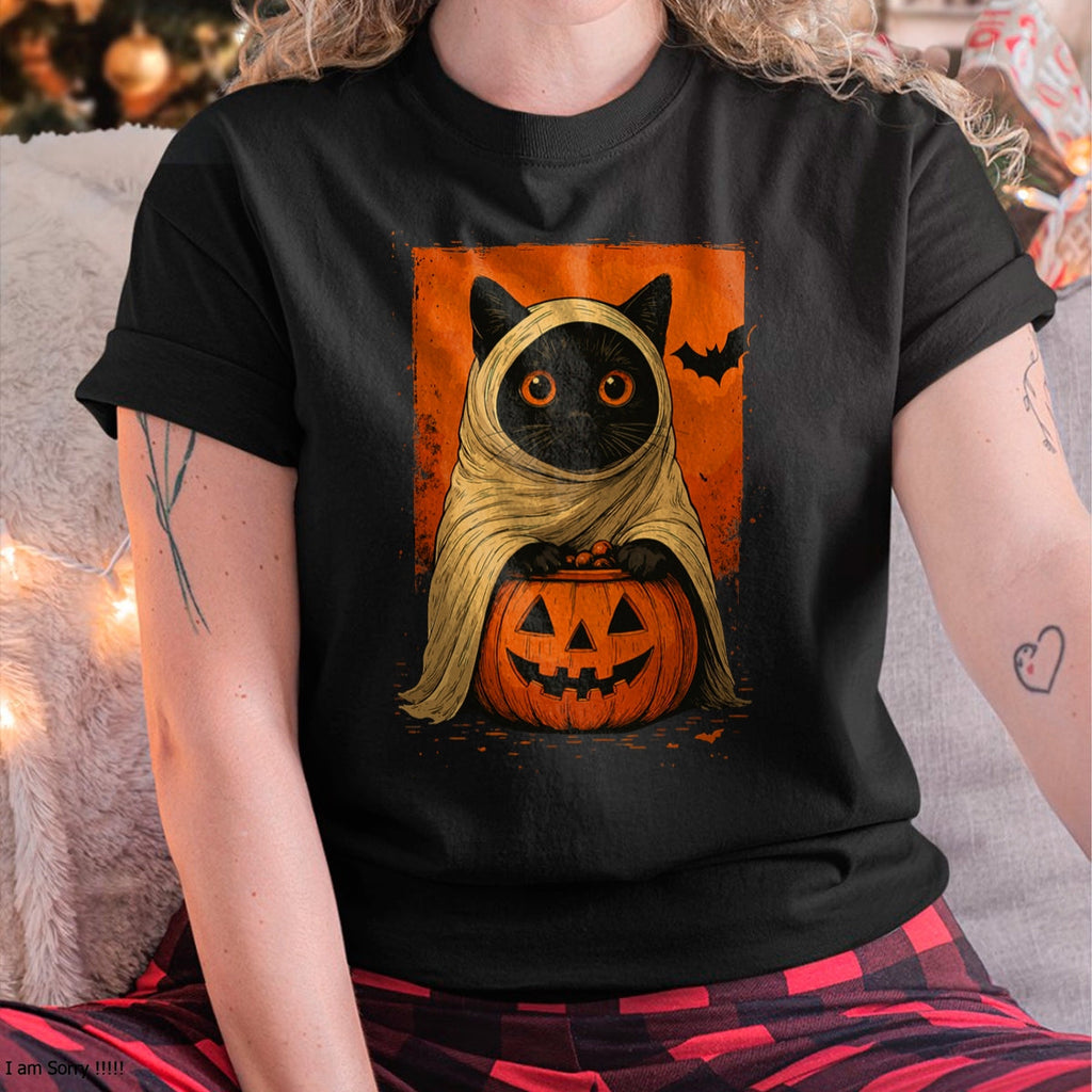 Funny Vintage Black Cat Halloween Pumpkin Spooky Ghost Women T-Shirt - Halloween Unisex T-Shirt/Hoodie - NGHL00