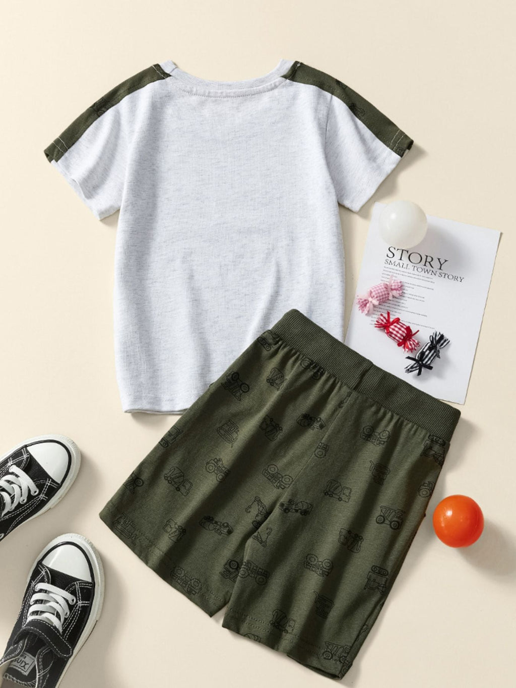 Children's Construction Vehicle Graphic Short Sleeve Tee and Shorts Set