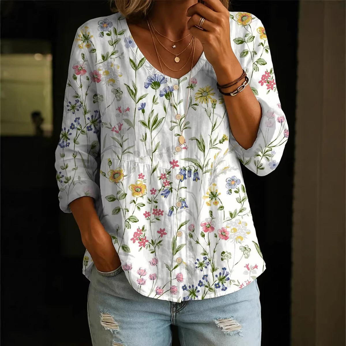 Women's Plus-Size Printed Boho Loose Fit 3/4 Sleeve Top