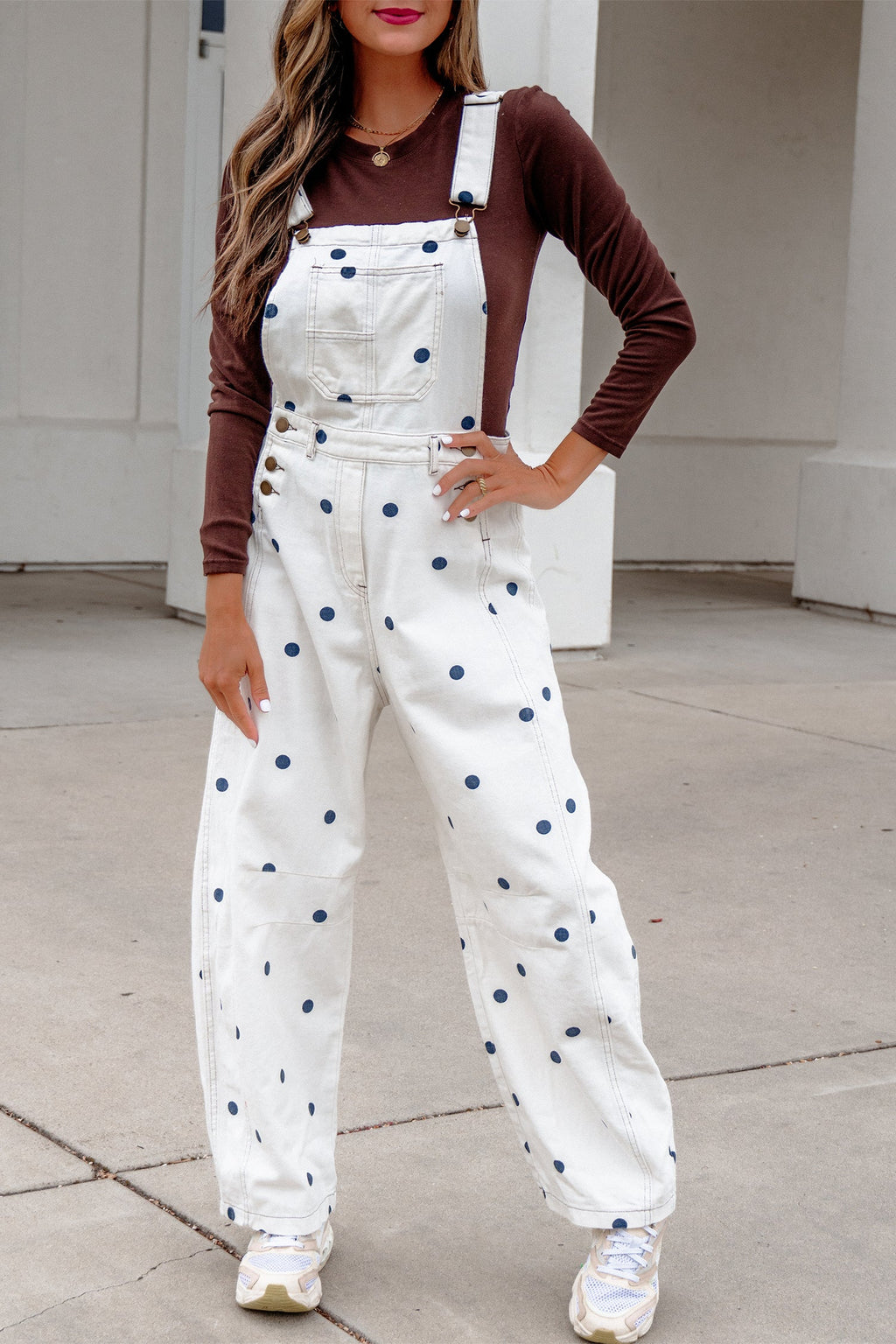 Jet Stream Polka Dot Print Bib Pocket Denim Barrel Overalls Jumpsuit