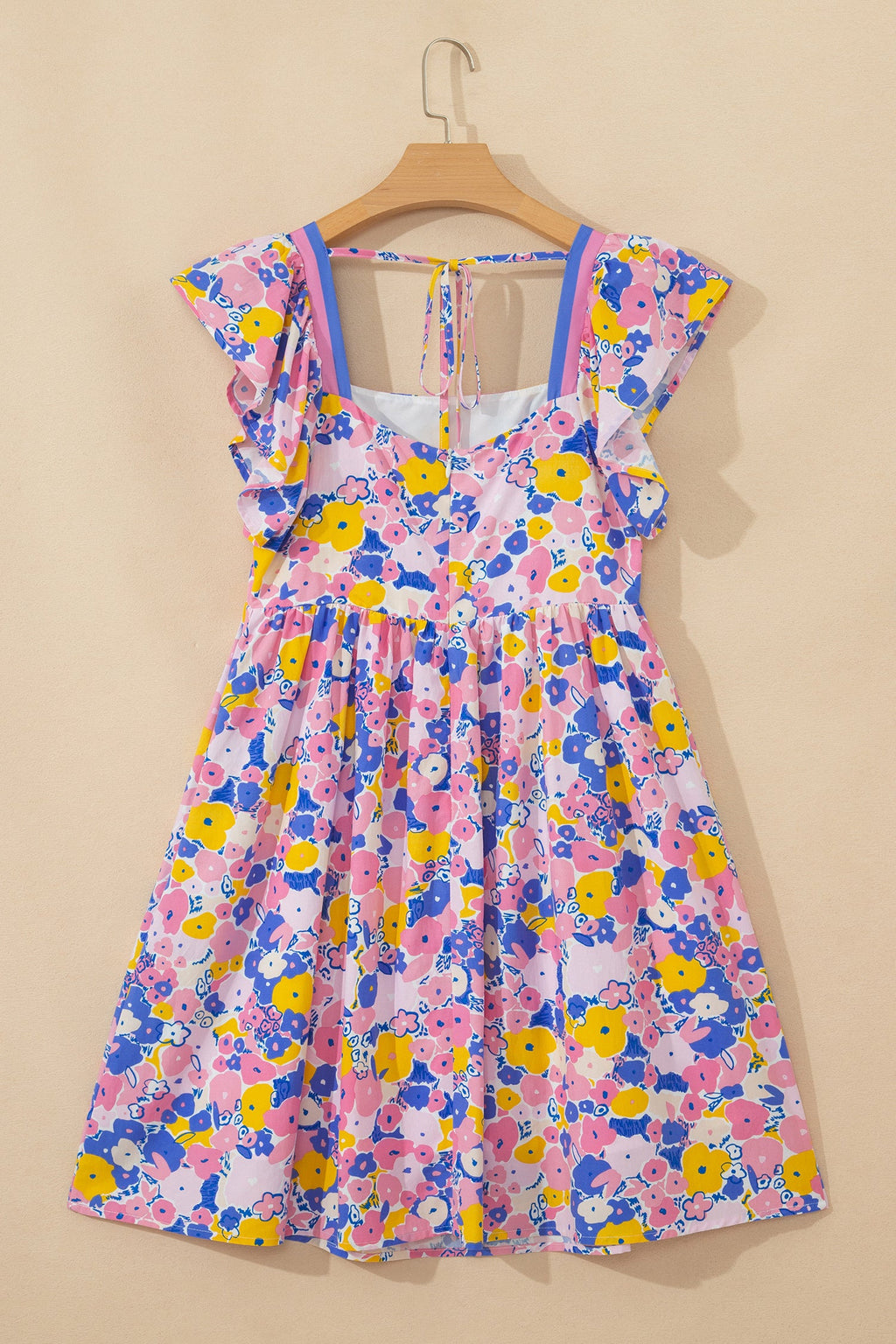 Multicolour Floral Print Flutter Sleeve Striped Trim Square Neck Loose Mini Dress