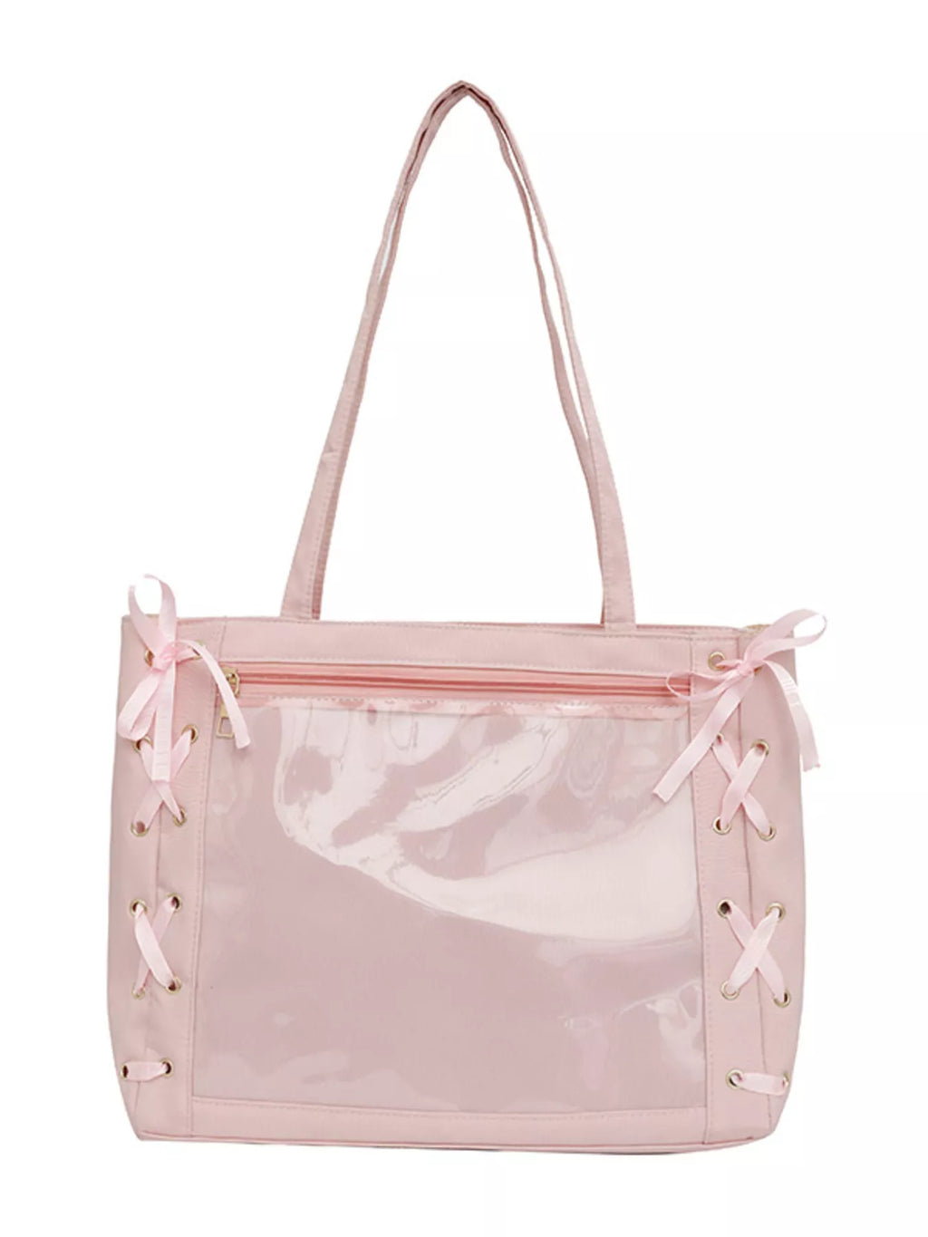 Lace-Up Trim Clear Panel Shoulder Bag