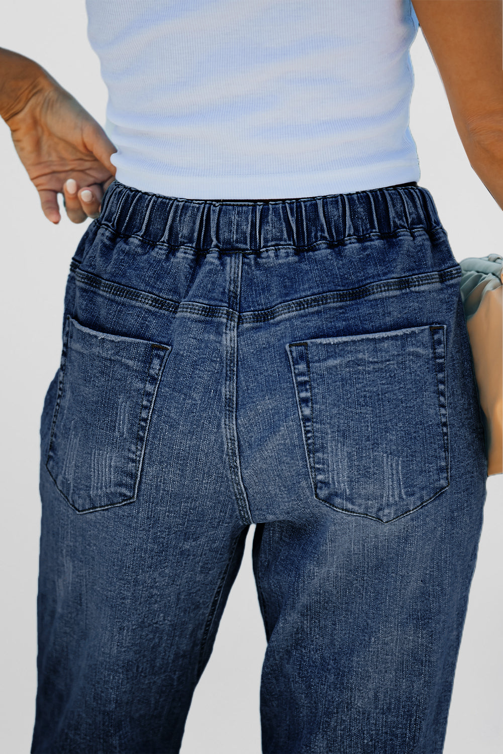 Dark Blue Gather Round Distressed Pocketed Denim Jogger