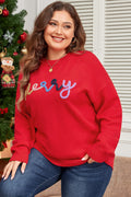 Fiery Red Tinsel merry Pattern Drop Shoulder Plus Size Sweater