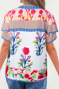 Pink Floral Striped Patchwork Short Sleeve Split Neck Blouse