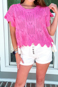 Bonbon Pointelle Knit Patterned Scalloped Trim Short Sleeve Sweater