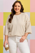 Apricot Stripe Plus Size Textured Patchwork Detail Half Sleeve Top