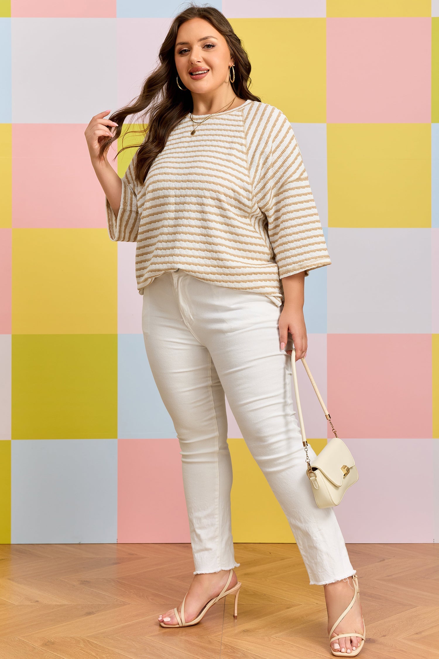 Apricot Stripe Plus Size Textured Patchwork Detail Half Sleeve Top