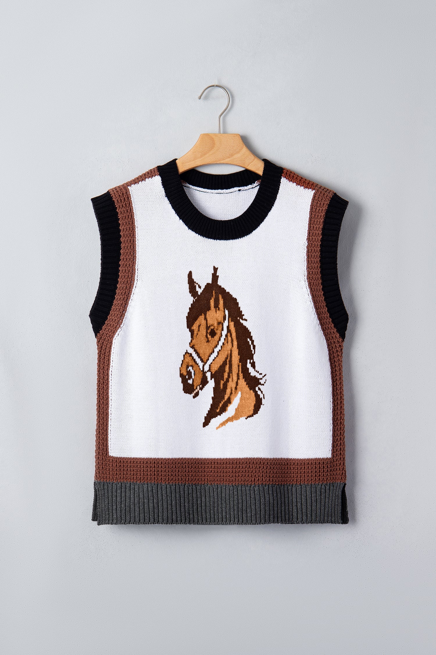 White Western Horse Head Colorblock Trim Sweater Vest