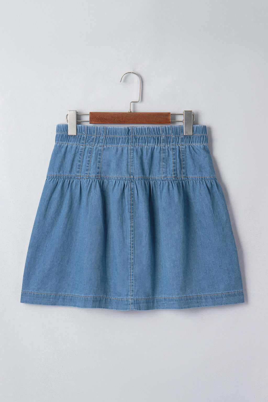 Sky Blue Half Buttons Pleated High Waist Denim Mini Skirt with Drawstring